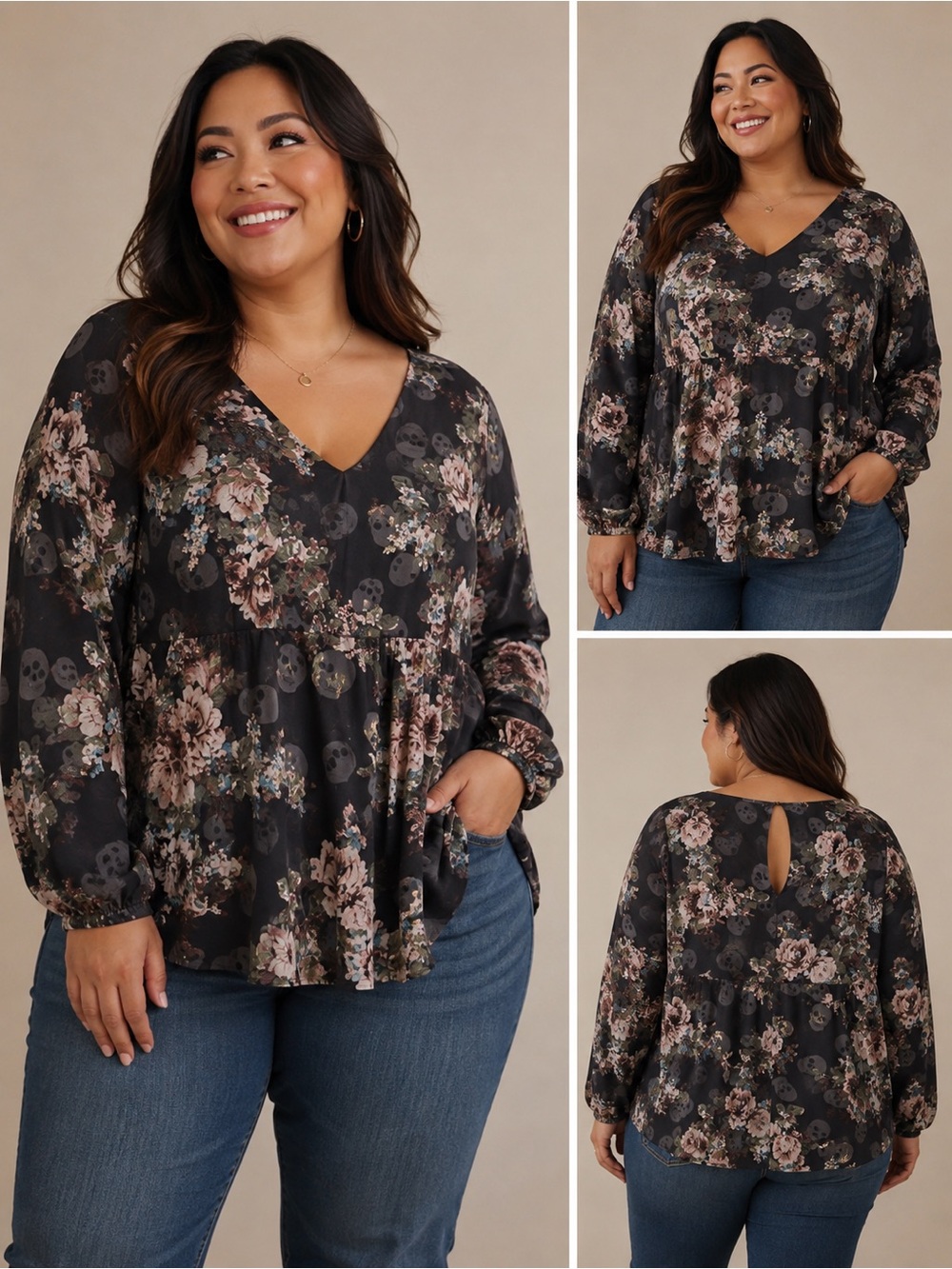 Torrid Skull Floral Blouse Top Size 1X Black Rose Gothic Peplum Long Sleeve